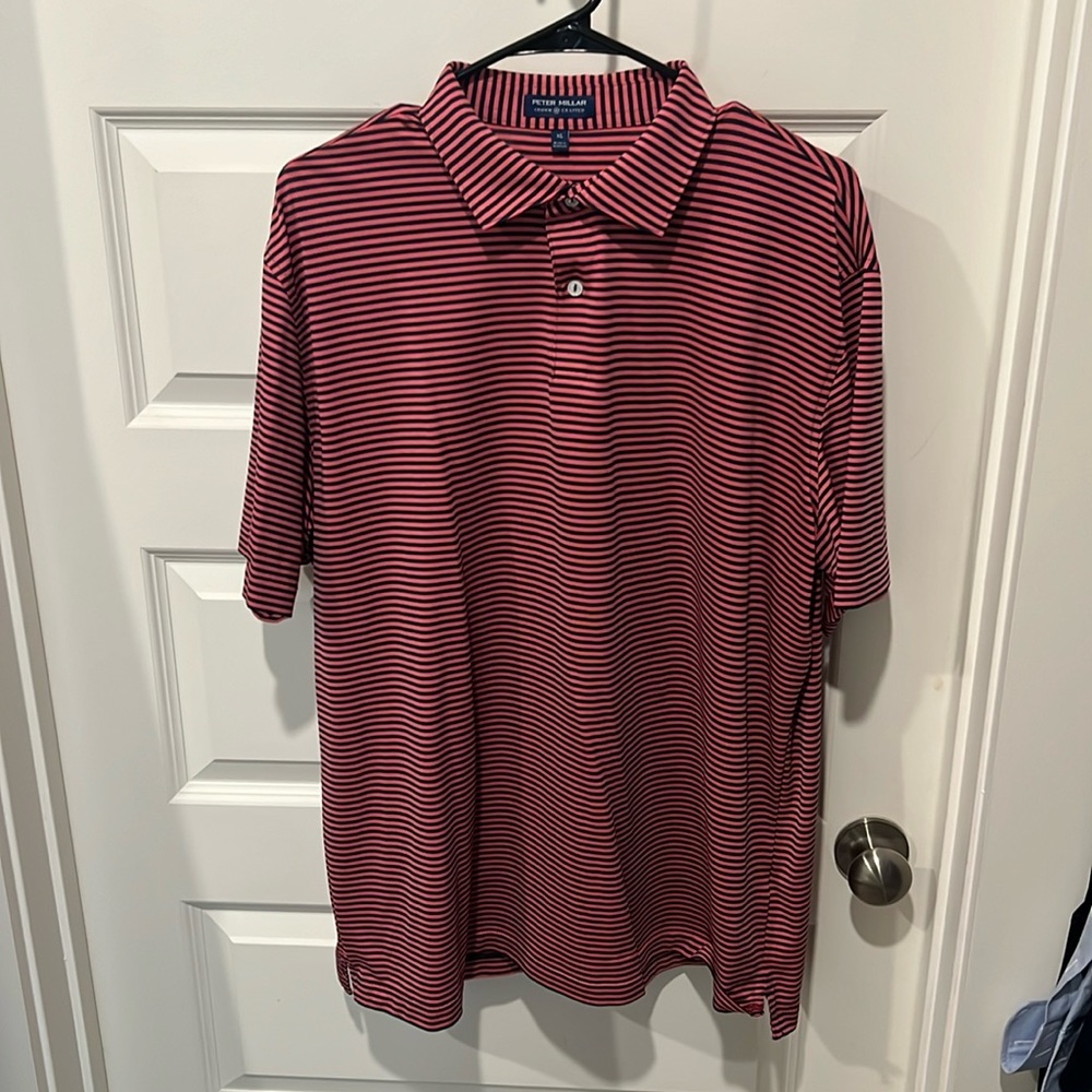 Men’s Peter Millar Polo - XL - Salmon in color with Navy Blue stripes